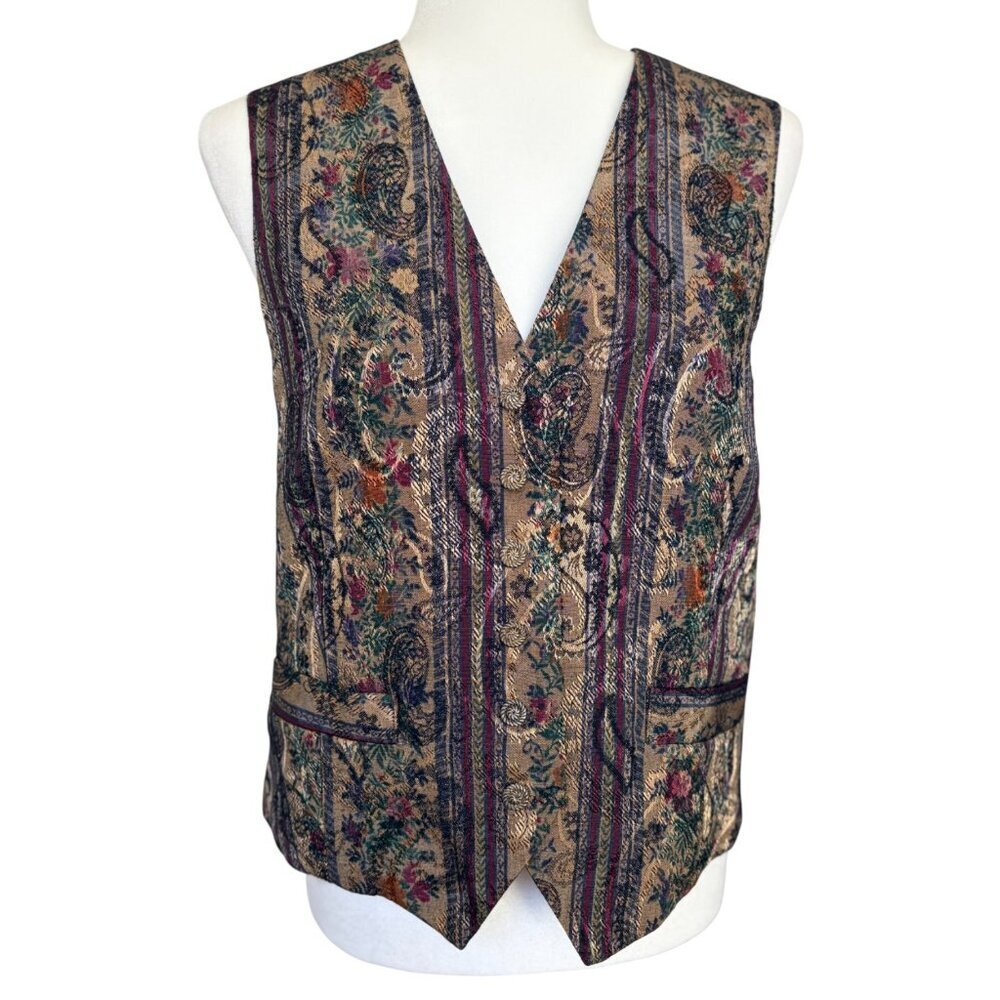Vintage Worthington Striped Rocaille Print Tapestry Vest with Gold Buttons Large